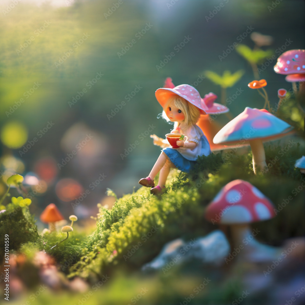 Wonderland. A little girl in a wonderful country, a magical forest of ...