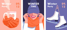 Winter Time. Concept Of Vacation, Party And Travel. Female Hands In Knitted Gloves Holding A Cup Of Coffee Or Tea. Woman Hidden Eyes By Hat And Laughs. Pair Of White Ice Skates. Vector Illustration.