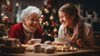 © Irina Flamingo - Happy grandmother drinking tea with granddaughter, Christmas tree at home