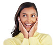 Wow, surprise and hands on Indian woman face happy on isolated, transparent or png background. Excited, celebration and lady winner with emoji smile for news, sale or coming soon promo announcement