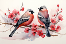 Watercolor Illustration Of A Pair Of Bullfinches Sitting On A Branch With Red Flowers