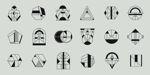 Wall Mural - Vector set of geometric shape logos, hipster, art deco line signs. Minimal signs, design elements, arches, circles and hexagons