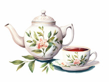 Vintage Floral Porcelain Ceramic Teacup And Teapot With Flowers. Vintage Card. Watercolor Hot Tea Set, Afternoon Tea, Tea Cup With Tea Pot. Retro Drink. Generative AI.