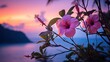 Tropical twilight, the silhouette of tropical flowers stands against a gradient of evening colors – from deep purples to soft pinks.