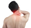 © Sumeet K/peopleimages.com - Man, hands or neck pain with body glow isolated on transparent, png background for exercise or workout stress. Red injury, muscle and massage with person back in fitness risk or sports healthcare