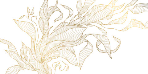 Wall Mural - vector art deco luxury floral line pattern, golden leaves background. hand drawn wavy nature illustr