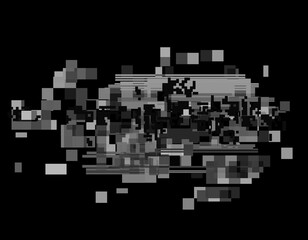 Wall Mural - horizontal distortion of broken video image on black background, vhs effect, glitch digital color pi