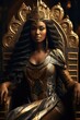 Pretty black Persian African royalty queen. Gold crown and throne. Palace interior. 