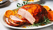 Delicious maple glazed gammon with appetizing crust baked with clementines. Sliced on white dish. Holiday meal for family dinner celebrations