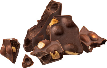 Wall Mural - dark chocolate chunks with hazelnut isolated