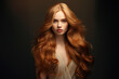 © gamespirit - Portrait of a beautiful, young, red-haired woman with well-groomed pale skin, big light eyes, plump lips, and long wavy hair, standing in a light beige dress on a dark gray background.