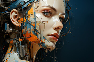 Poster - Beautiful female robot head with artificial intelligence neurons made with generative AI