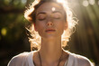 © Tetiana - Mindfulness stress releasing concept young woman practicing meditation close with nature Generative AI portrait