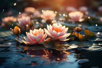 Wall Mural - Generative ai picture pf colorful beautiful lotus water lily flower on pond yoga peace calm inspiration