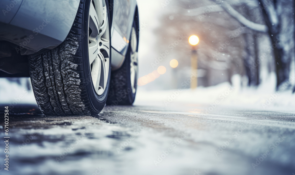 Low angle view of a car tire on a winter road covered in ice and snow ...
