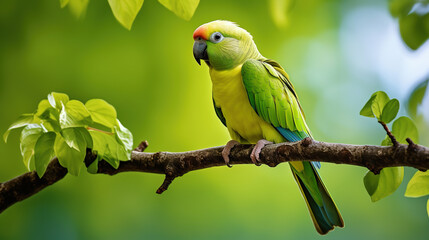 Ring-necked parakeet sits on a branch, nature photo