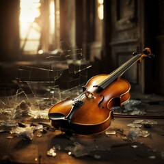 Poster - Violin in ruins of abandoned building, broken glass, AI