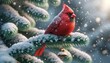 Uccello Cardinale di Natale, su un ramo di abete innevato