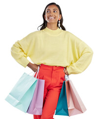 Sticker - Shopping bag, thinking and happy woman for retail, fashion ideas and inspiration isolated on transparent, png background. Gift, choice and customer or young person with clothes decision or vision