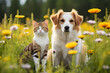 Cat and dog in a flower meadow
