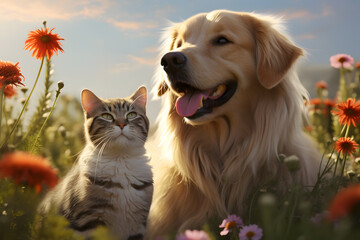 Wall Mural - Cat and dog in a flower meadow