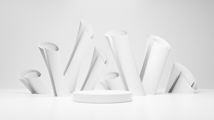 Poster - Preduct display, White podium and background with abstract minimal scene for product and brand presentation, Abstract podium composition, White background copy space, 3d render, 3d illustration