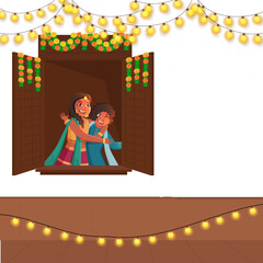 Poster - Happy Diwali Celebration Concept with Indian Kids Hugging to Each Other at Window and Lighting Garland Decorated Background.