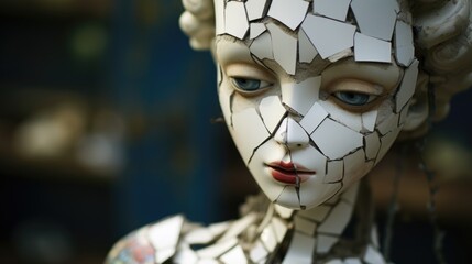 Poster - A close up of a doll with broken pieces, AI