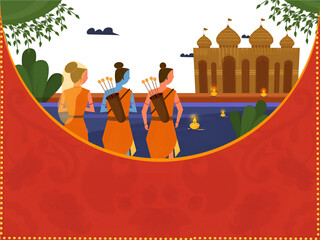 Poster - Back View Of Hindu Lord Rama with His Wife Sita and Brother Lakshman on Decorative Ayodhya Background For Happy Diwali Celebration.