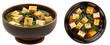 Japanese miso soup with tofu cubes and seaweed. isolated on transparent background