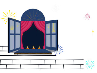 Sticker - Happy Diwali Celebration Concept With Lit Oil Lamps (Diya) Decorated Window on Fireworks Brickwall Background.