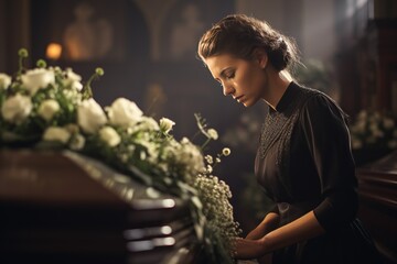 woman in a church with a bouquet of white flowers on coffin.Funeral concept.