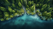 Top View Of Blue River In The Green Forest.