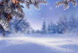 Fototapeta Natura - Beautiful landscape with snow covered fir trees and snowdrifts.Merry Christmas and happy New Year greeting background with copy-space.Winter fairytale.