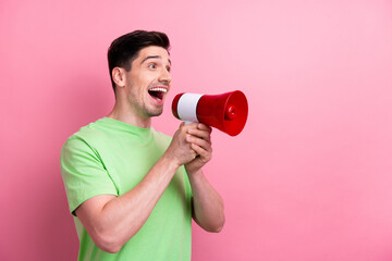 Sticker - Photo of young excited crazy funny man holding megaphone announce mega sale black friday coming soon isolated on pink color background