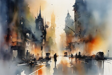 Post Apocalyptical City Scene Abstract Art Colorful Watercolor Style
