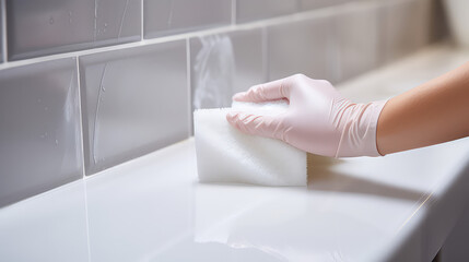 Hand in a rubber glove sponges the tiles in the bathroom. Creative concept of house cleaning, tile cleaner. Copy space.