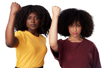 Sticker - Fist, strong and power portrait of black women or friends together for protest, empowerment or freedom. Serious people isolated on transparent, png background for motivation, human rights and support