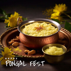 Poster - Tamil Nadu festival Happy Pongal with Pongal props, holiday Background, Indian Harvest Holiday