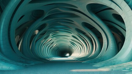 Poster -  a tunnel with a blue ceiling and a light at the end.  generative ai
