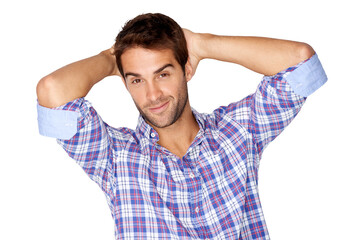 Fototapete - Confident, sexy smile and portrait of a man with pride, happiness or casual fashion to relax on isolated, transparent or png background. Happy, guy and face with calm or cool pose in plaid shirt