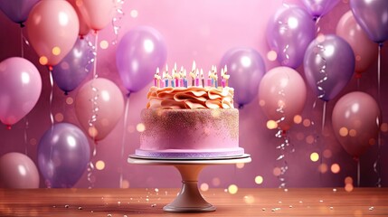 Poster -  a birthday cake with pink frosting and candles on a table.  generative ai