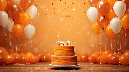 Wall Mural -  a birthday cake with lit candles surrounded by orange and white balloons.  generative ai