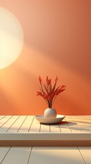 Wall Mural - Vertical blank warm lighting background. White and Wooden surface. Light and Shadow wallpaper. Background with shadow. Generative AI