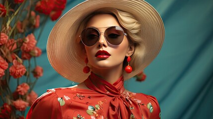 High fashion look. Glamor stylish beautiful young woman model with red lips in summer bright colorful hipster cloth. Model illustration. Generative AI