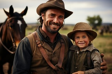 Portrait of mature man and young boy in cowboy clothes and hats against the backdrop of wild western landscape and a horse. Father and son look at camera with confident smiles. Real courageous cowboys