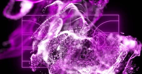 Animation of purple digital wave over basketball court layout against black background