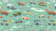  A Blue Background With Cars And Planes Flying In The Sky.  Generative Ai