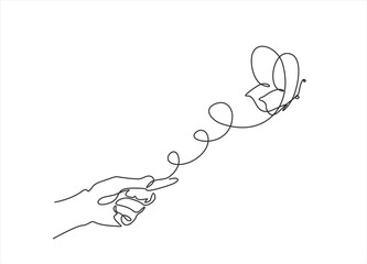 Wall Mural - Human hand holding butterfly flying continuous line art drawing. One line butter fly insect. Vector isolated on white.