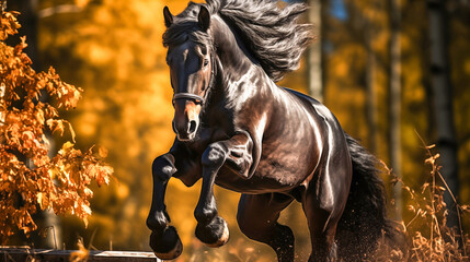 Wall Mural - Beautiful bay stallion jumping over a wooden fence. 
Black horse  jumping over obstacle in equestrian sports arena.